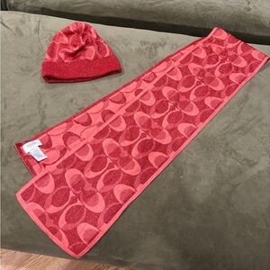 Coach Red Patterned Scarf and Beanie Set